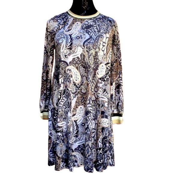 Prelude Paisley Pattern Metallic Speckled Stripe Knit Crew Neck Cuff Shift Dress - Picture 2 of 9